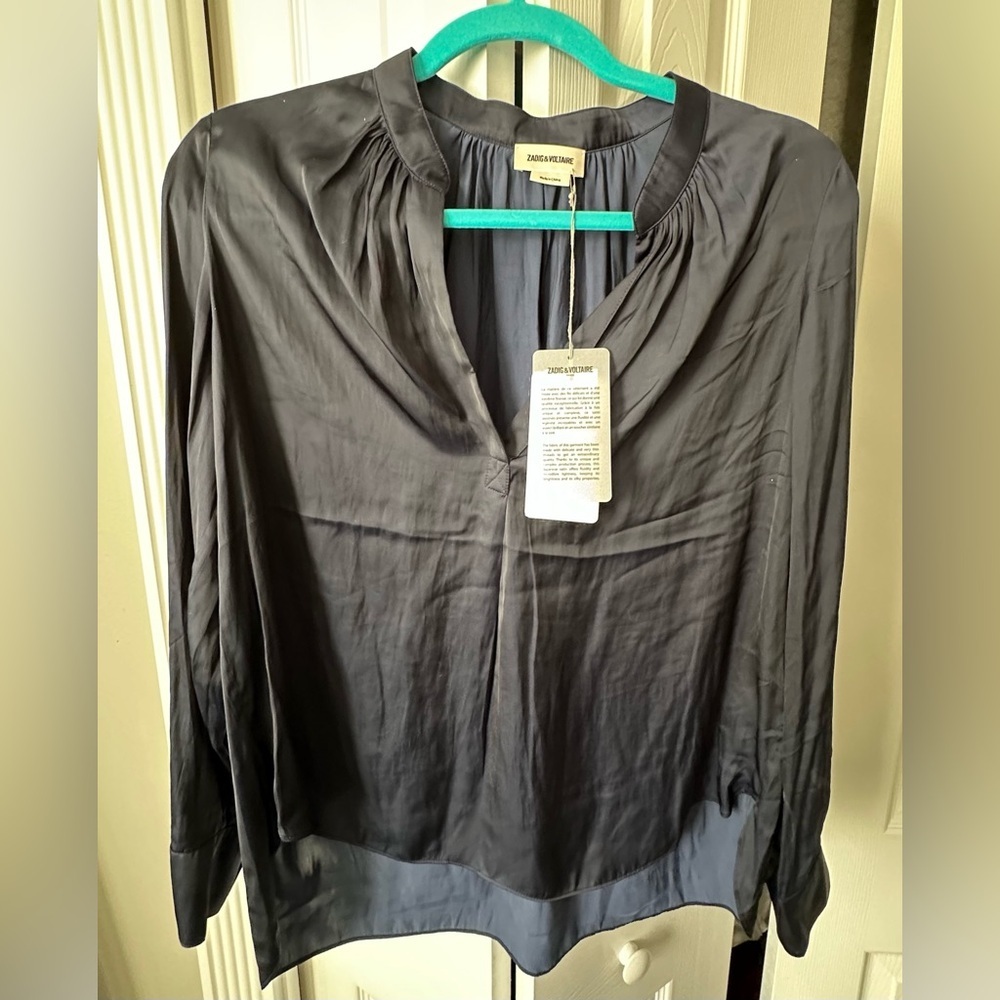 RARE ZADIG & VOLTAIRE NWT Tink Satin Tunic Blouse in Encre—S - Picture 7 of 14